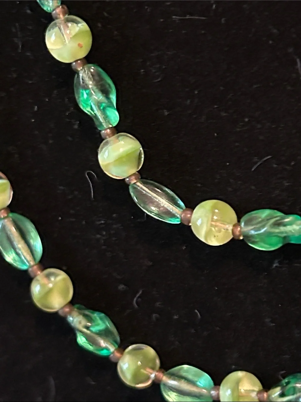 Czech Green Lamp Glass Bead Necklace with Brass Filigree Caps